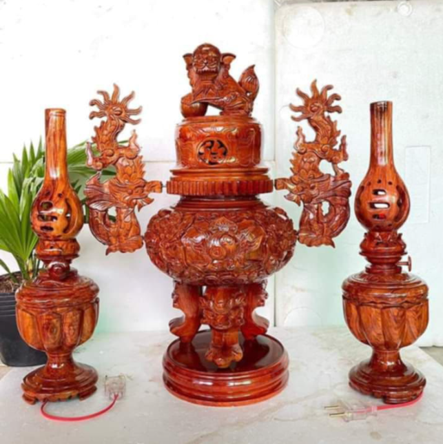 Bộ đồ thờ ba món gồm một đỉnh 2 hạc bằng gỗ Mít ta hàng đẹp 3